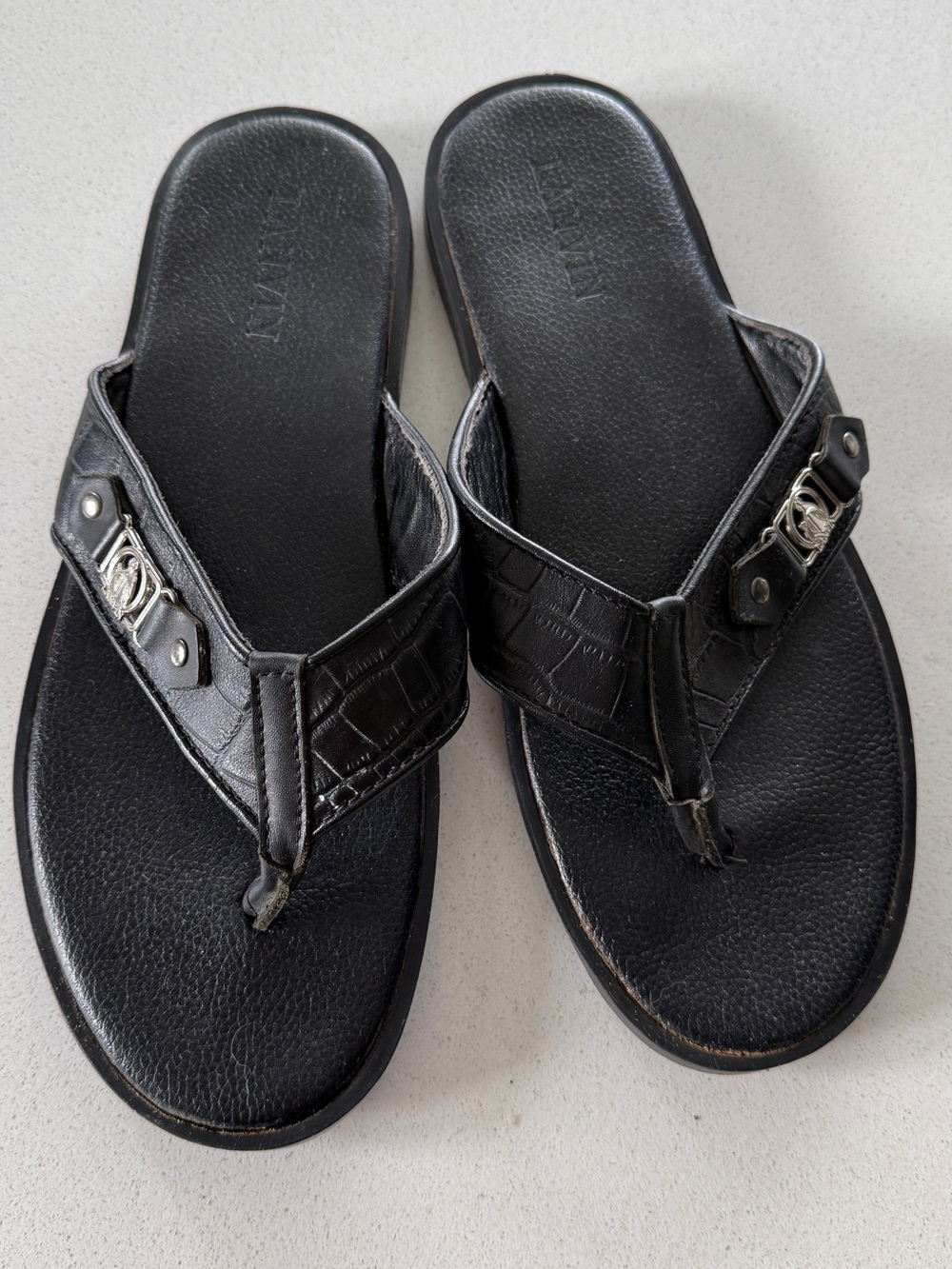 Lanvin Black Leather Men’s Flip-Flops with Silver Logo Accent